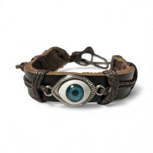 Black Leather Band Evil Eye Good Luck and Protection Bracelet